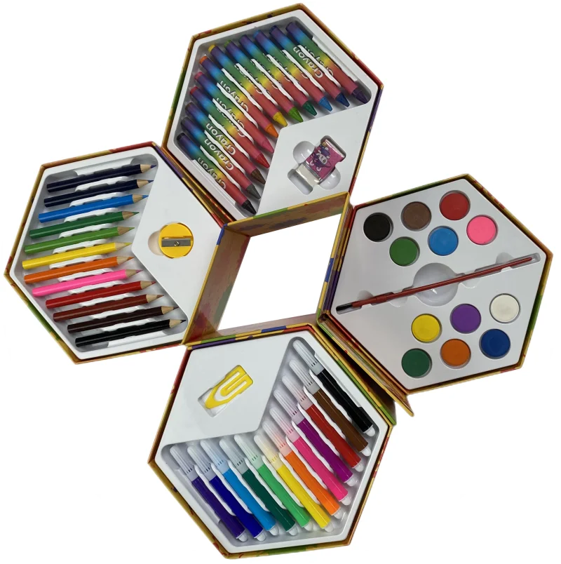 53pcs Multilayer Cartoon Art Pencil Set Kids Painting Set Hexagon Color Box Pencil Drawing Art Set - Sun Studio