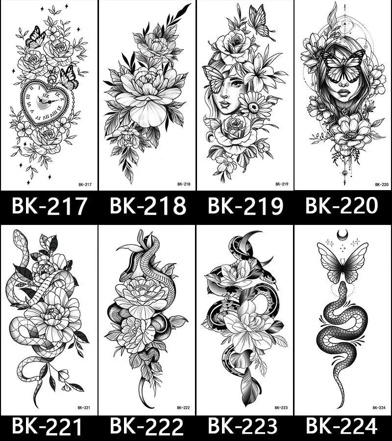 Black White Temporary Transfer Tattoos Floral Butterfly Lettering Line Art Waterproof Body Stickers for Music Festival Party - Sun Studio