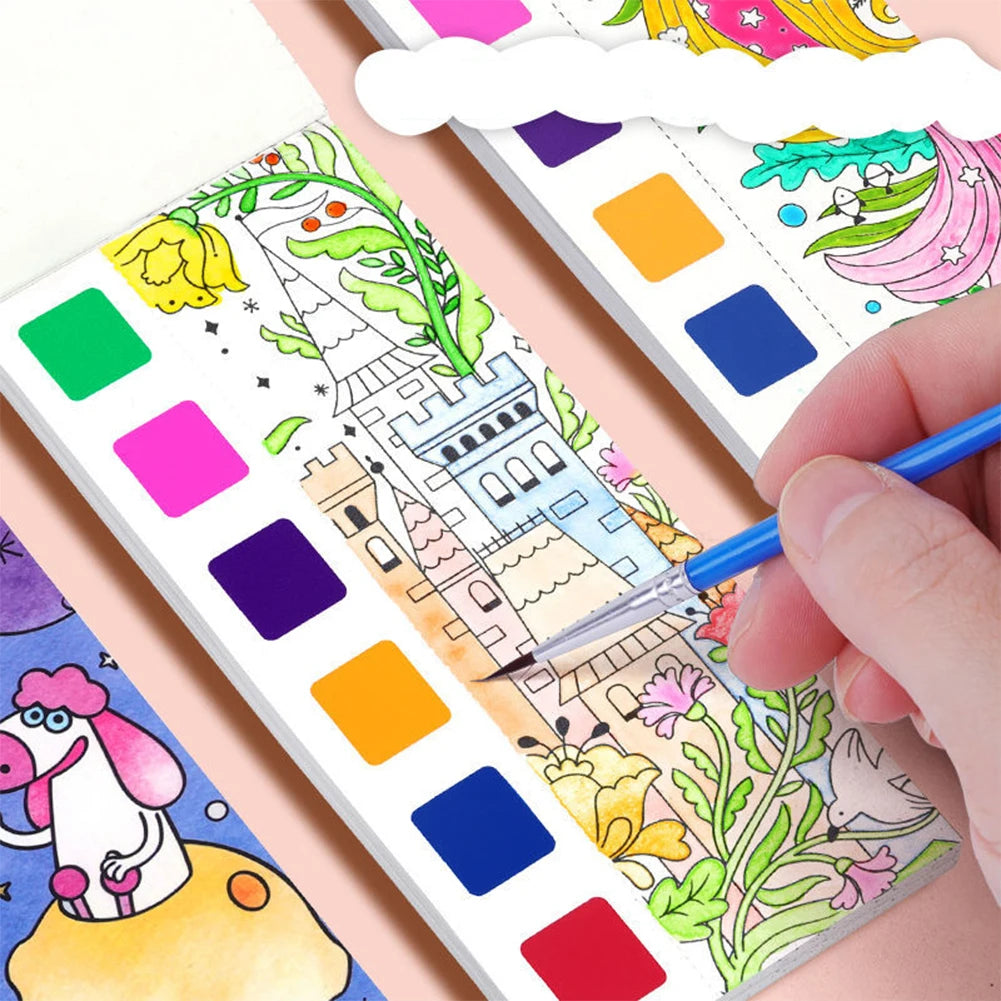 12 Sheets/set Watercolor Painting Book With Paint Brush Gouache Book Portable Kids Graffiti Picture Drawing Stationery - Sun Studio