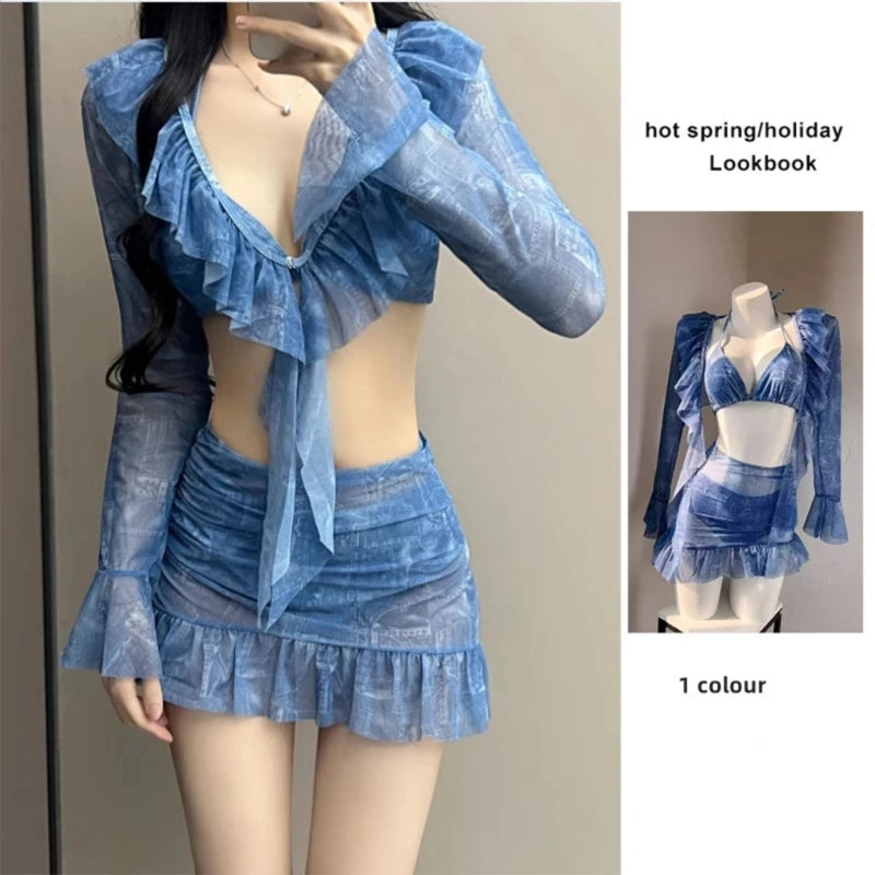 4 Pieces Swimsuit for Women Halters Swimming Suit Long Sleeves Swimwear with Cover Up & Beach Skirt Summer Bathing Suit - Sun Studio