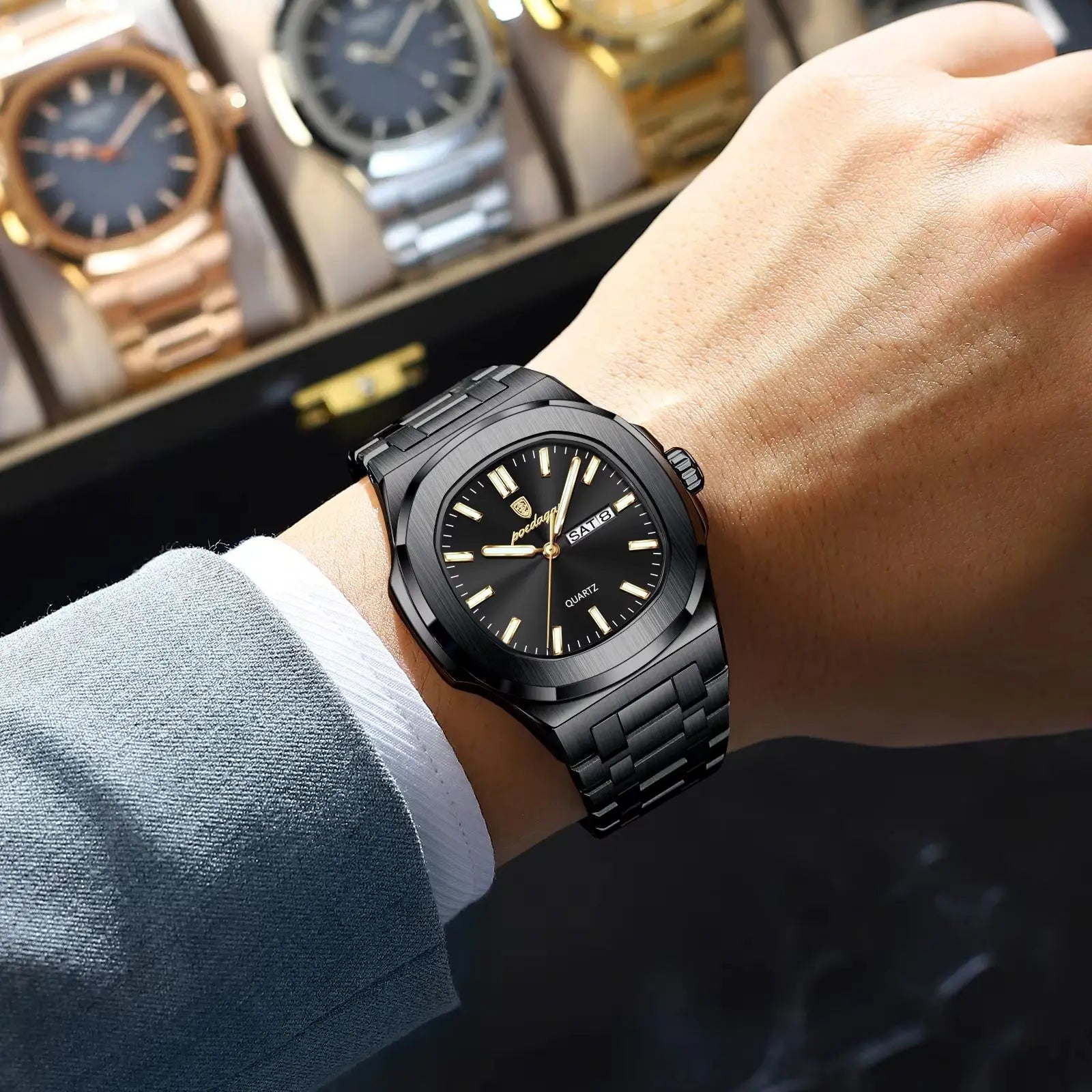 POEDAGAR Luxury Square Men's Watches Waterproof Luminous Date Week Men Watch Stainless Steel Fashion Quartz Man Wristwatch Reloj - Sun Studio