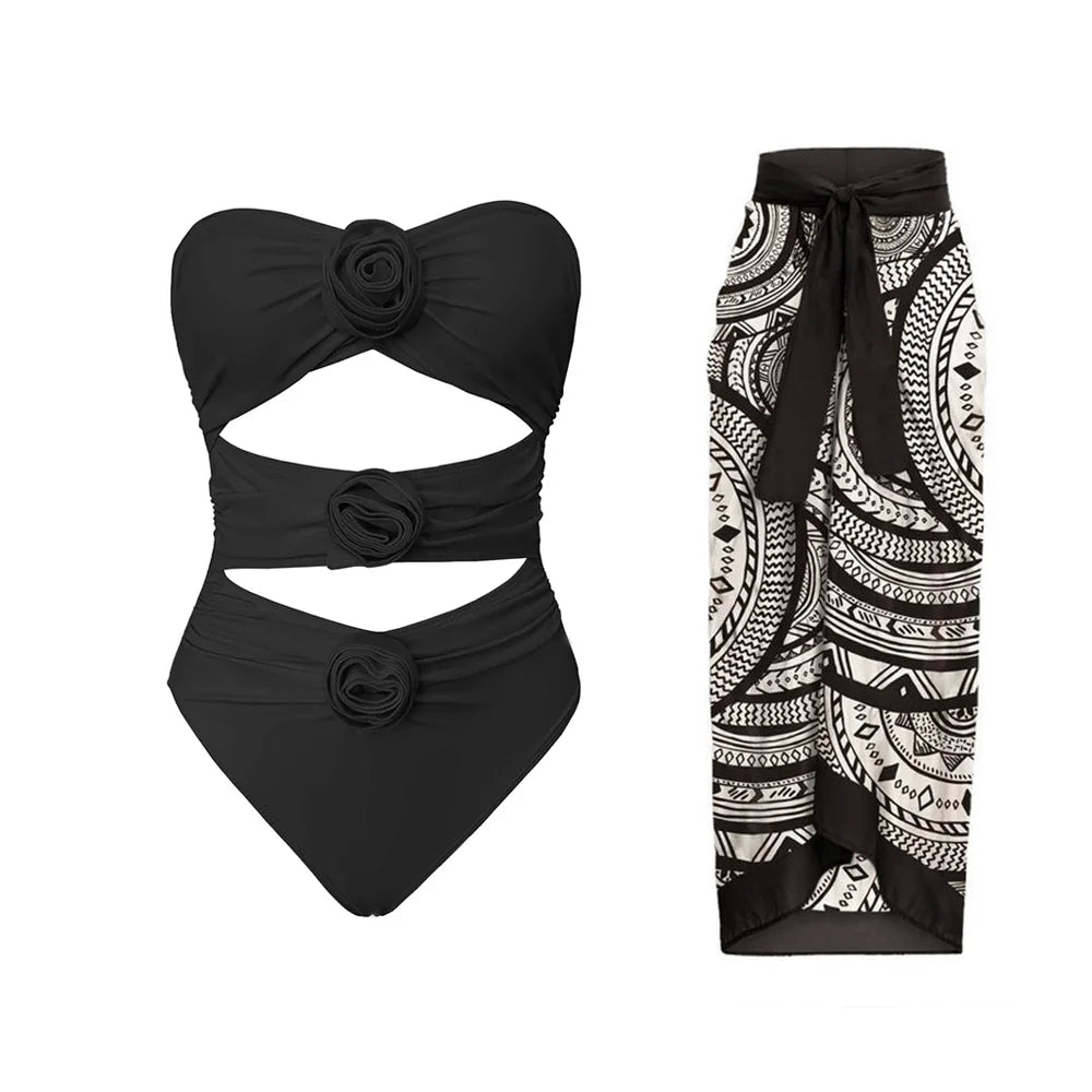2024 Sexy Women's Swimsuit with Skirt One-Piece Swimwear Vintage Ruffle V Neck Cover Up Bikinis Set Beachwear Bathing Suit - Sun Studio