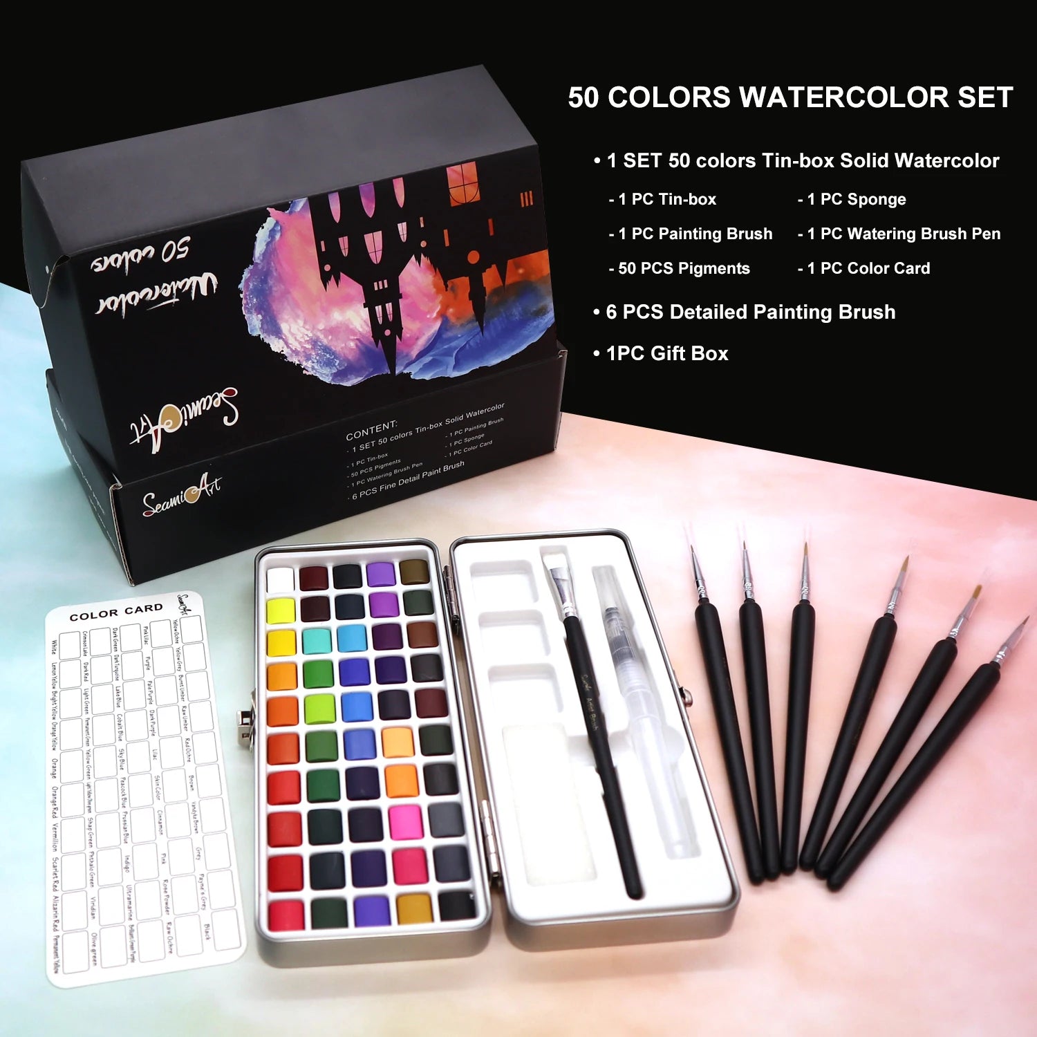 SeamiArt 50Color Solid Watercolor Paint Set Portable Metal Box Watercolor Pigment for Beginner Drawing Watercolor Paper Supplies - Sun Studio