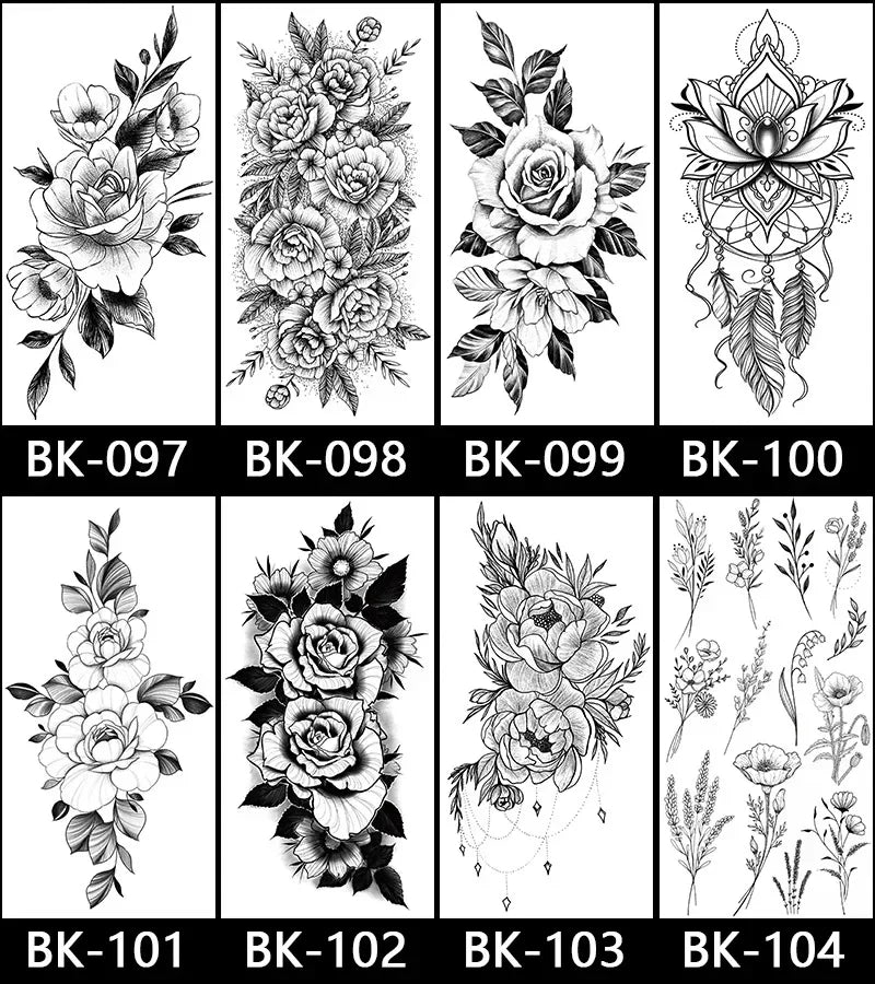 Rose Blossom Tattoo Temporary Waterproof Butterfly Fake Tattoo for Woman Black Flower Sketch Tattoo Sticker - Sun Studio