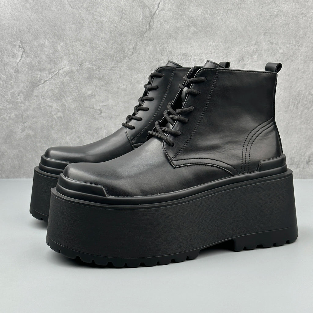 Men's Motorcycle Boots Platform Leather Luxury Height Increase 8cm Sneakers Lace Up Autumn Black Designer Shoes - Sun Studio