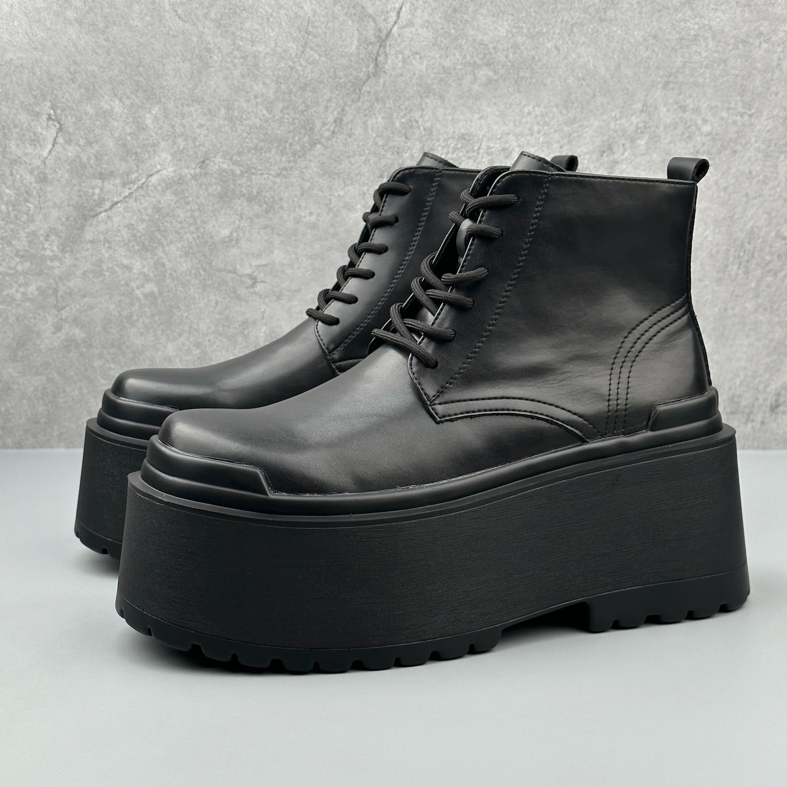 Men's Motorcycle Boots Platform Leather Luxury Height Increase 8cm Sneakers Lace Up Autumn Black Designer Shoes - Sun Studio