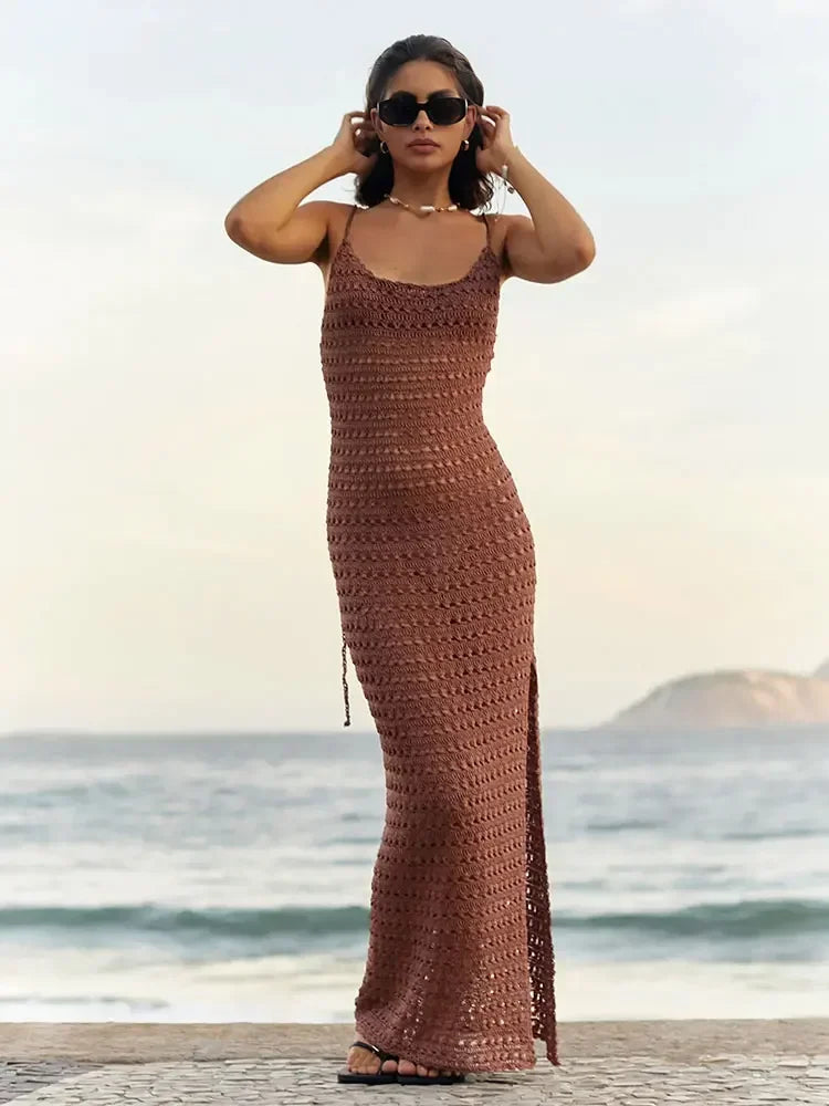 Sexy Knit Cut Out Tassel Spaghetti Strap Bodycon Beach Maxi Dress Summer Women's Holiday Club Party Outfit Swimsuit Cover Up K10 - Sun Studio
