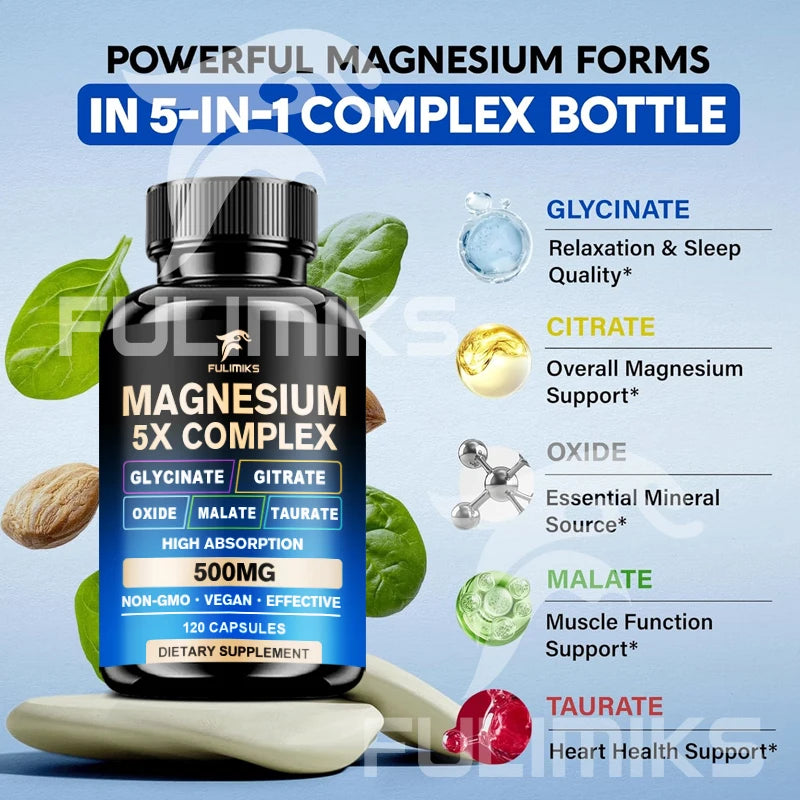 Magnesium Pills Supplement - 5 in 1 Complex, Glycinate, Citrate, Malate, Taurate, Oxide - Stress, Muscle & Heart Support - Sun Studio