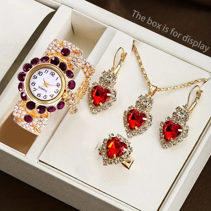 5PCS Luxury Rhinestone Women Watches Jewelry Set Fashion Adjustable Bangle Ladies Quartz Wristwatch Reloj Mujer（Without Box） - Sun Studio