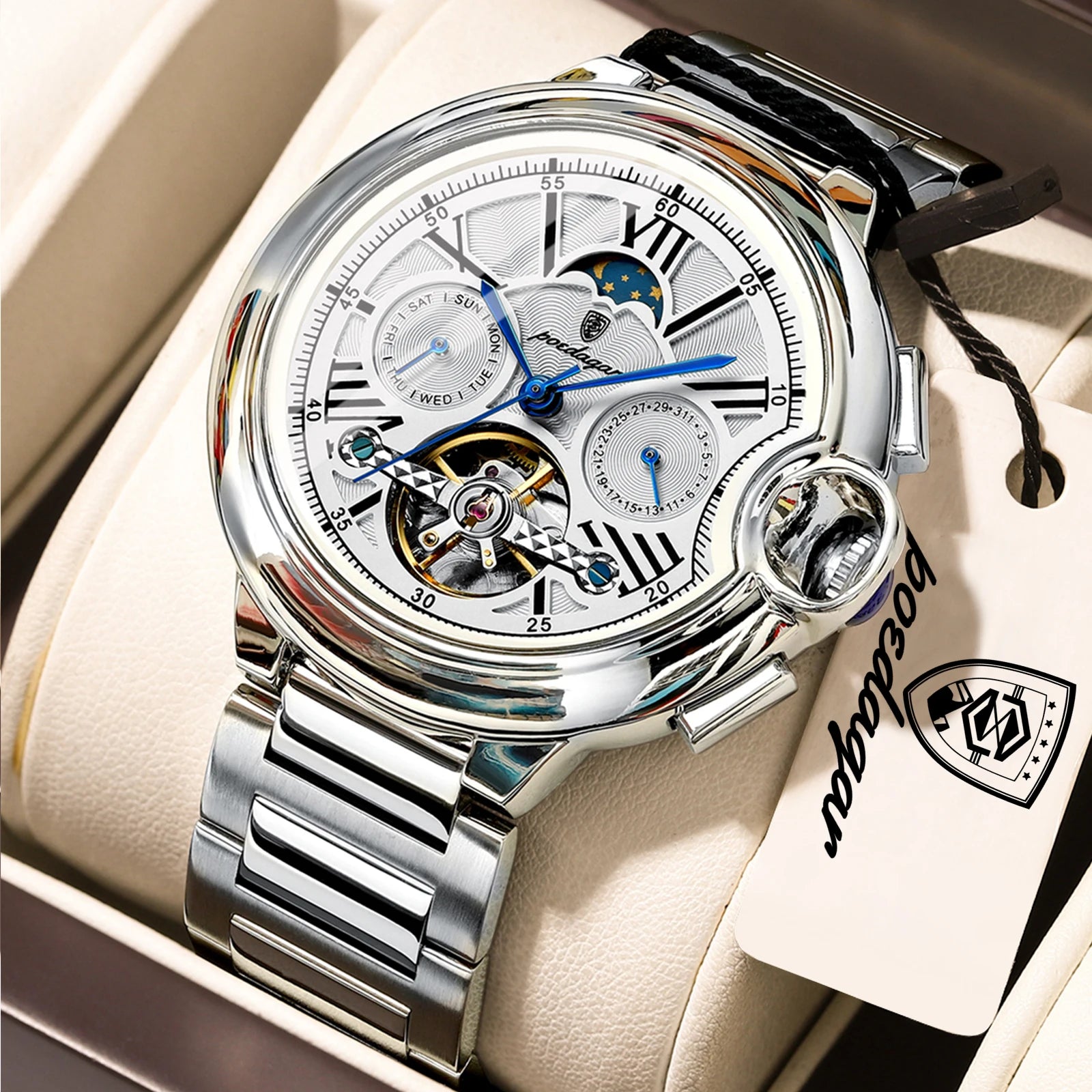 POEDAGAR Luxury Male Watch Business Date Week Stainless Steel Tourbillon Men Clock Waterproof Automatic Mechanical Men's Watches - Sun Studio