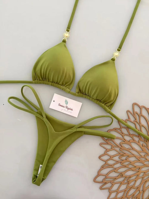 2026 Women's Bikini Swimsuit Women's Split Solid Color Lace-up Sexy Swimsuit 2-piece Set Micro Swimwear - Sun Studio