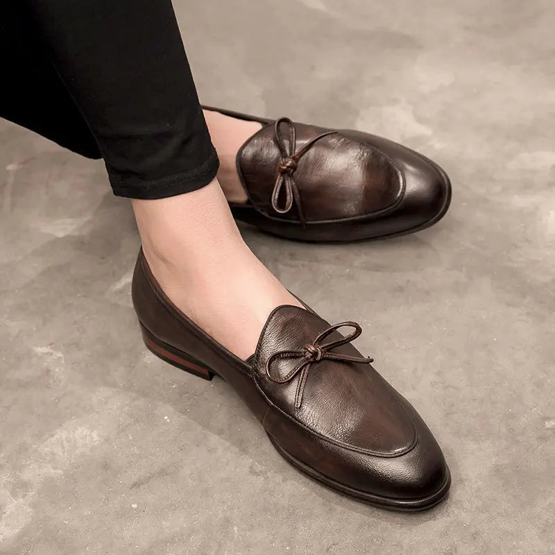 Genuine Leather Men Loafers Handmade Square Toe Butterfly-knot  Solid Handmade  Zapatos De Vestir Hombre - Sun Studio