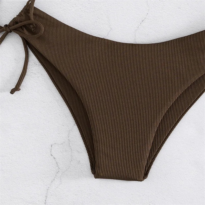2025 Sexy Low Waist Swimwear New Solid Bandeau Bikini Set Women Push Up Drawstring Beachwear Swimsuit Backless bathing suit - Sun Studio