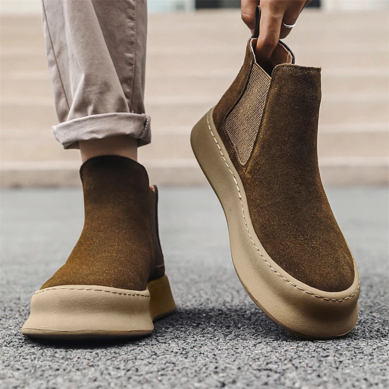 Fashion Brand Men Genuine Leather Mid Top Boots with British Style Autumn Winter Men Anti Slip and Wear-resistant Chelsea Boots