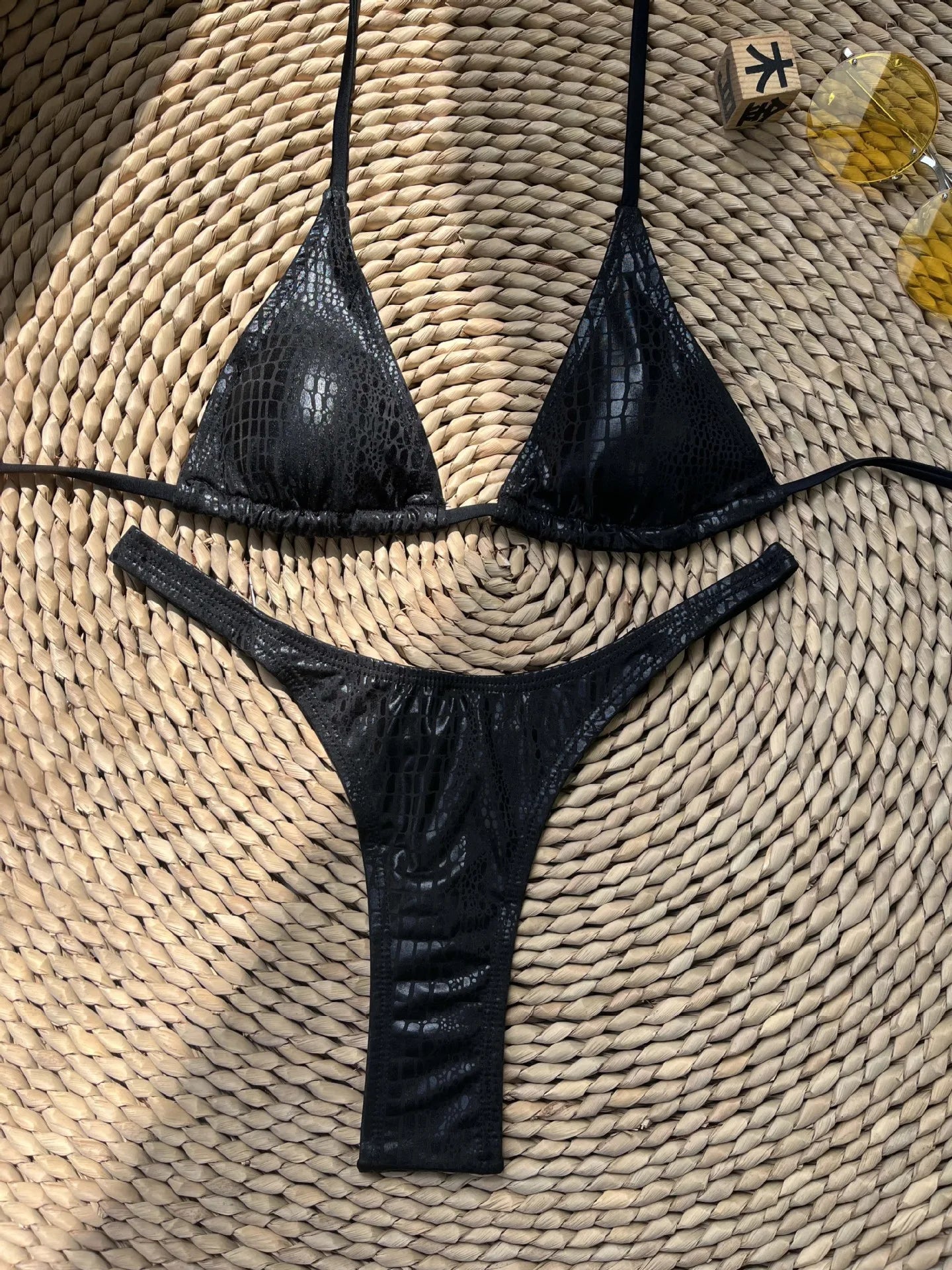 Shiny Black Snakeskin Print Bikini Set 2025 Women Luxury Diamond Back Thong Swimsuit Beach Push Up Bathing Suit Holiday Swimwear - Sun Studio