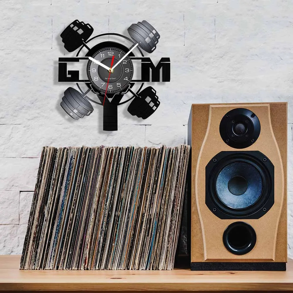 Fitness Equipment Theme Vinyl Record Fitness Wall Clock Home Decoration LED Backlight Modern Fitness Watch - Sun Studio