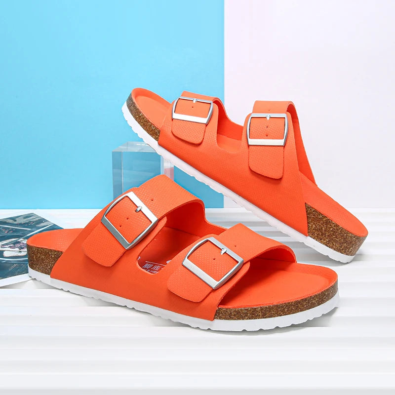 Summer Men Cork Slippers Slides Clogs Casual Slip On Sandals Double Buckle Women Microfiber Leather Unisex Big Size 47 48 49 - Sun Studio
