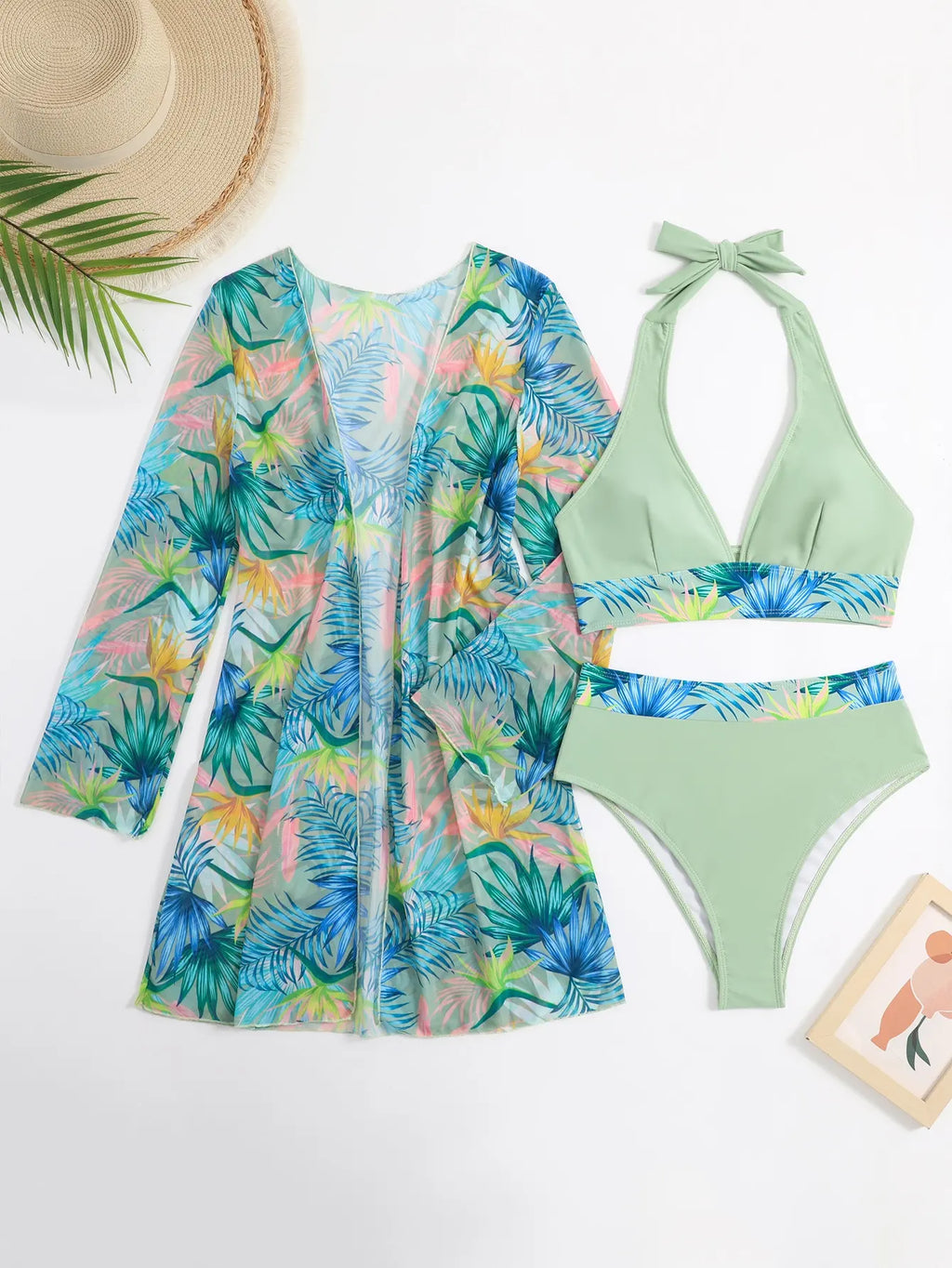 Halter Print Bikini 2026 Women Swimsuit With Kimono High Waist Swimwear Female Bathers Bathing Swimming Swim Suit Beachwear - Sun Studio