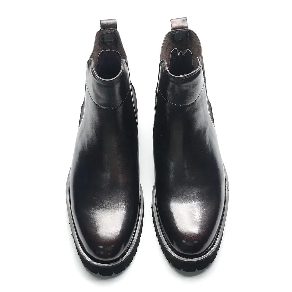 British Style High Top Men's Chelsea Boots Increase Height Classic Luxury Genuine Leather Elastic Band Men Autumn Winter Shoes - Sun Studio