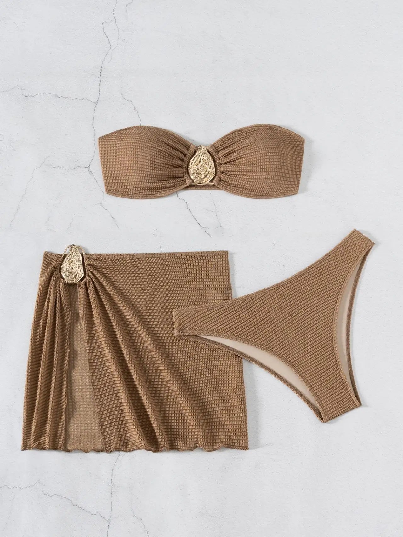 Sexy Bandeau Bikini Women Coffee Metal Water Droplet Ornament Push Up Mesh Skirt 3 Piece Swimsuit Beach Bathing Suit Swimwear - Sun Studio
