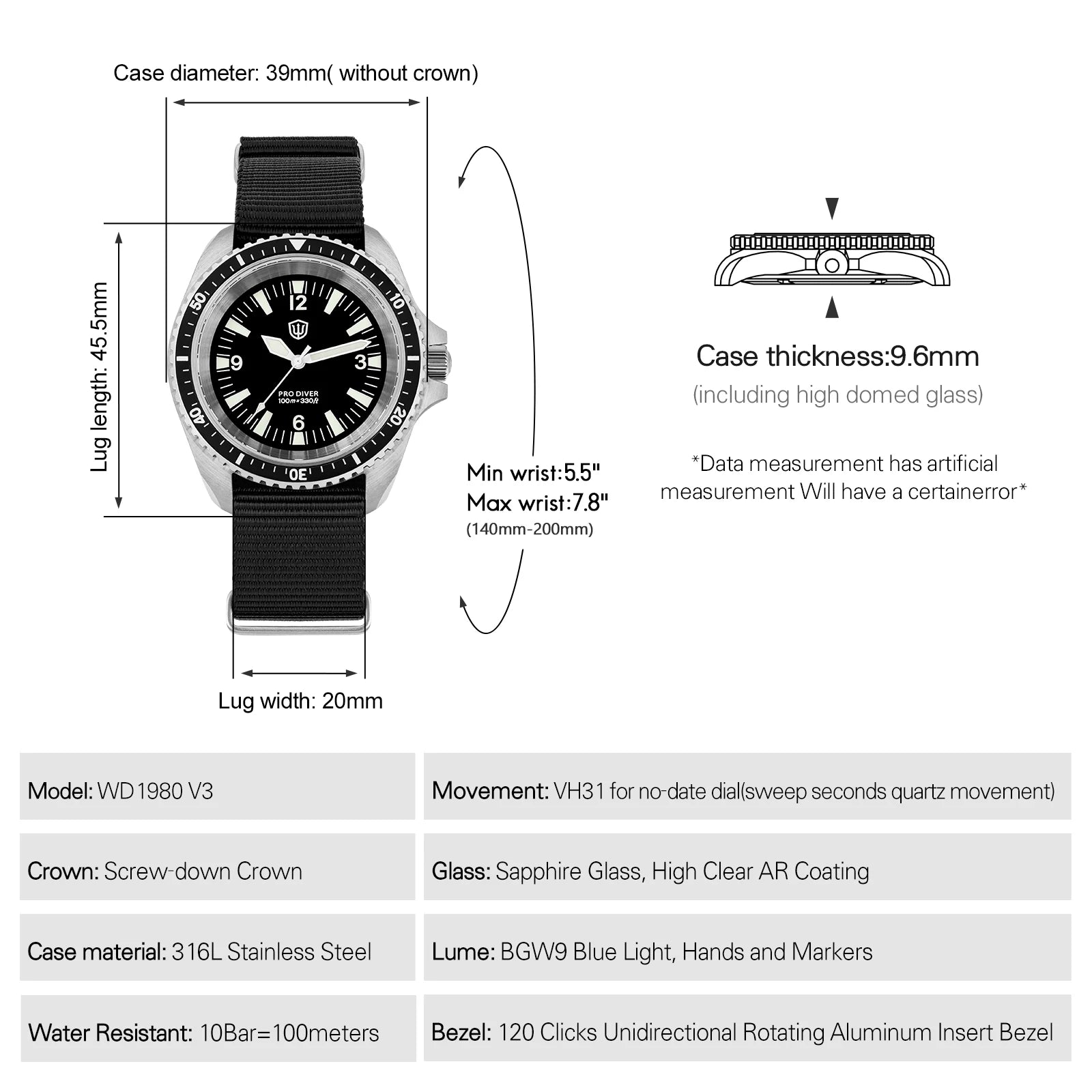Watchdives WD1980 V3 Luxury Watch VH31 Scanning Quartz Movement AR Coating Sapphire Glass 10Bar Waterproof Men's Watches - Sun Studio