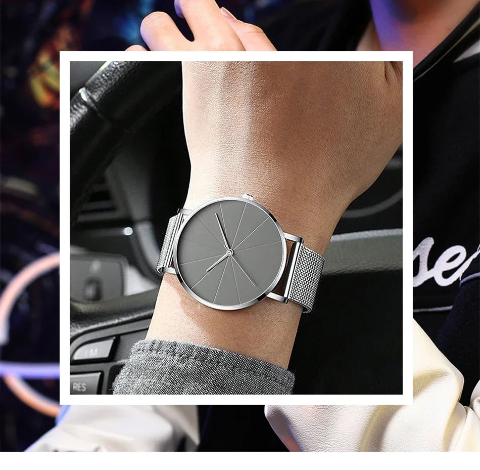 Mens Fashion Business Quartz Wristwatch Fashion Calendar Men Watch Stainless Steel Mesh Belt Men Luxury Silver Bracelet Watches - Sun Studio