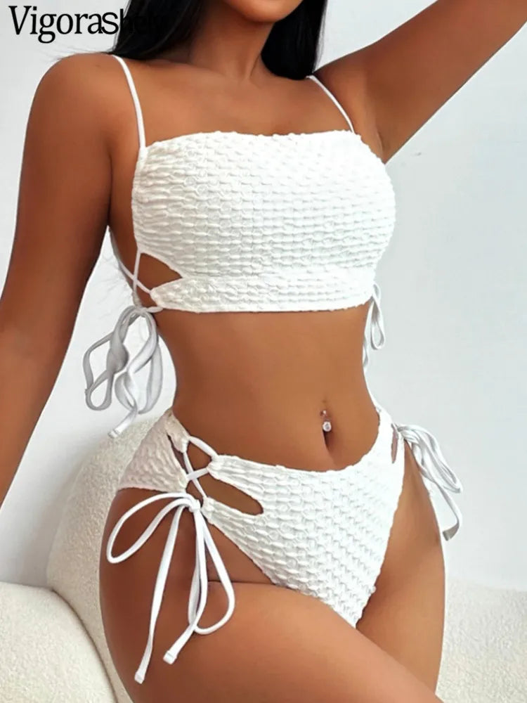 Vigorashely 2026 Solid Strapped Bikini Sexy Push UP Swimsuit Women High Waist Hollow Swimwear Backless Beach Summer Bathing Suit - Sun Studio