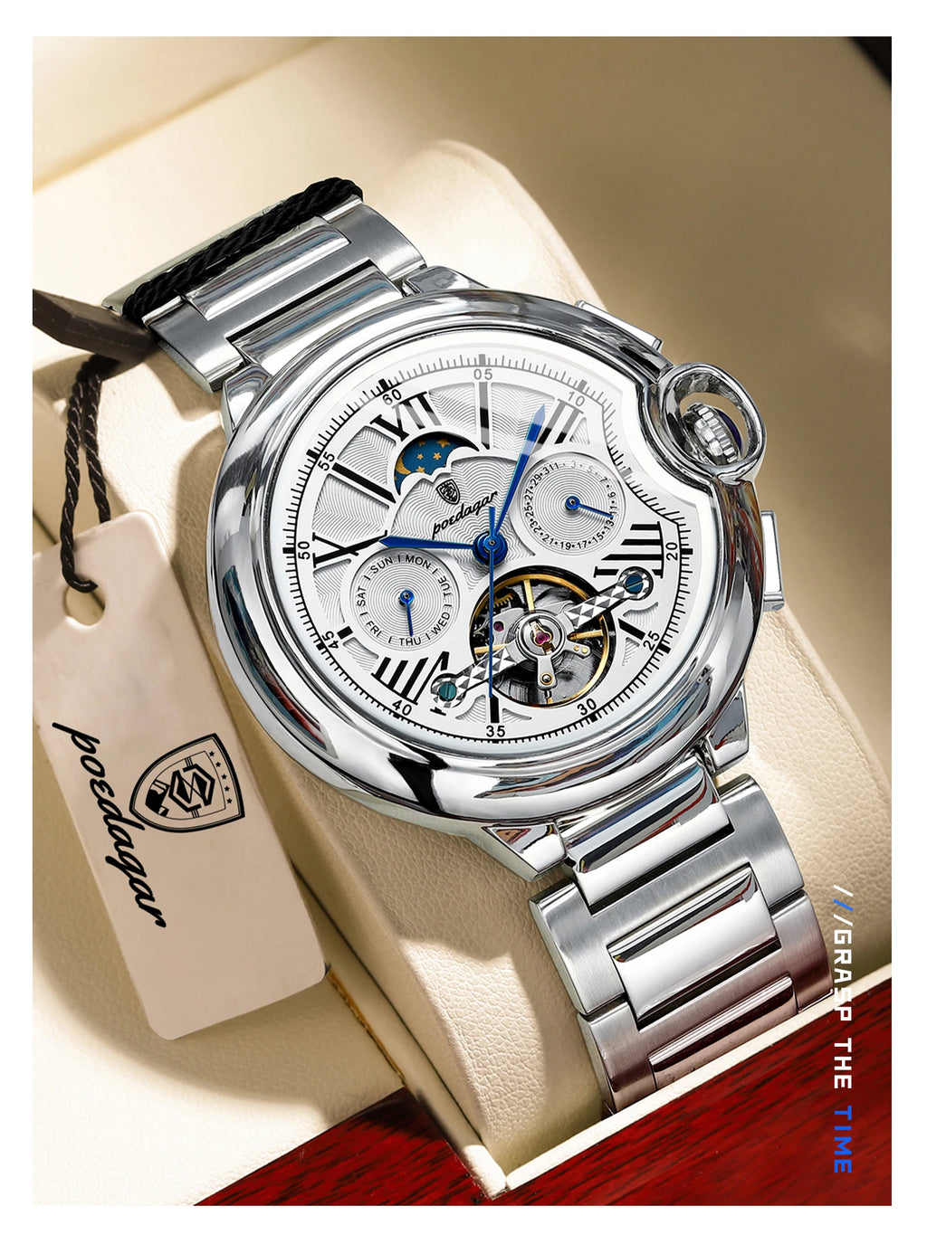 POEDAGAR Luxury Male Watch Business Date Week Stainless Steel Tourbillon Men Clock Waterproof Automatic Mechanical Men's Watches - Sun Studio
