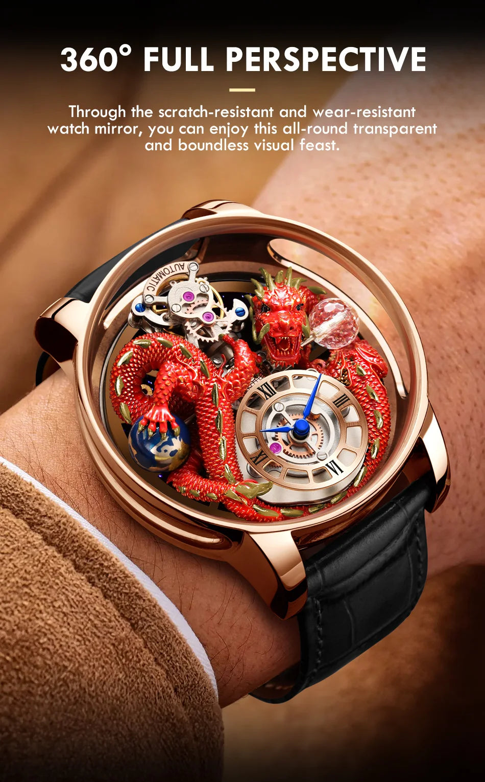 PINDU Design New 3D Dragon Earth Theme Quartz Watches Men Celestial Series Curved Mirror Transparent Design Watch Wristwatches - Sun Studio