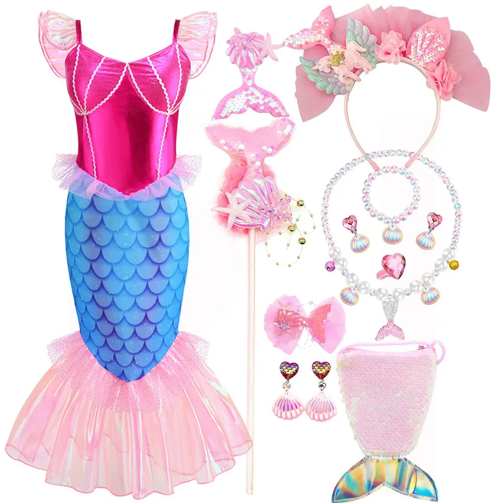 Disney Blue Red Purple Three Colors Mermaid Flying Sleeve Fishtail Beautiful Dress For Girl Summer Beach Party Cool Swimsuit Set - Sun Studio