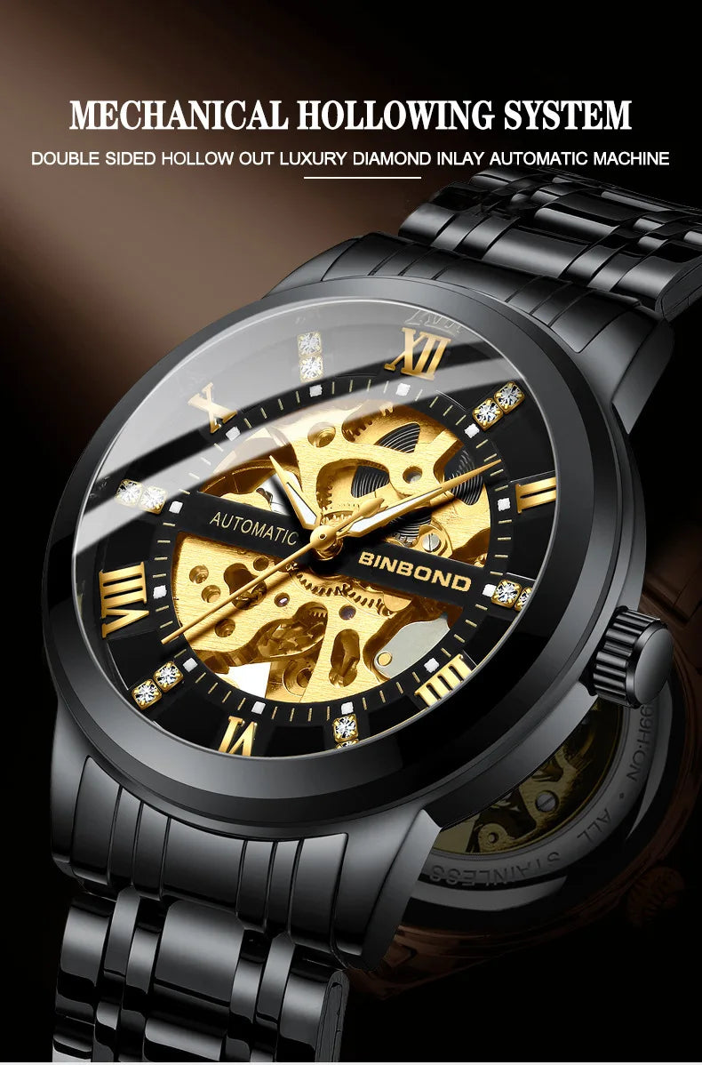 Bindond Mens Automatic Mechanical Watches Top Brand Luxury Stainless Steel Waterproof Hollow Male Wristwatches Relogio Masculino - Sun Studio