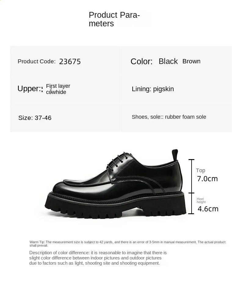 designer men's leather shoes with thick soles round toe glossy leather business dress shoes Waxed cowhide lace up British shoes - Sun Studio
