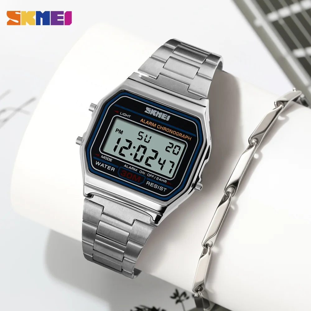 SKMEI Stainless Steel Strap Electronic Watches For Men Women Casual Sport Waterproof LED Display Digital Wristwatch and Bracelet - Sun Studio