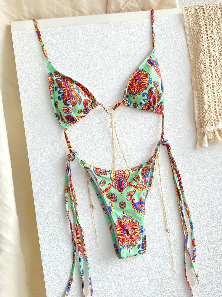 Sexy Triangle Chains Bikini Sets Micro Thongs Swimsuit Women Bathing Suit Biquini Bandage Beachwear Print Swimwear Thong Bikini - Sun Studio