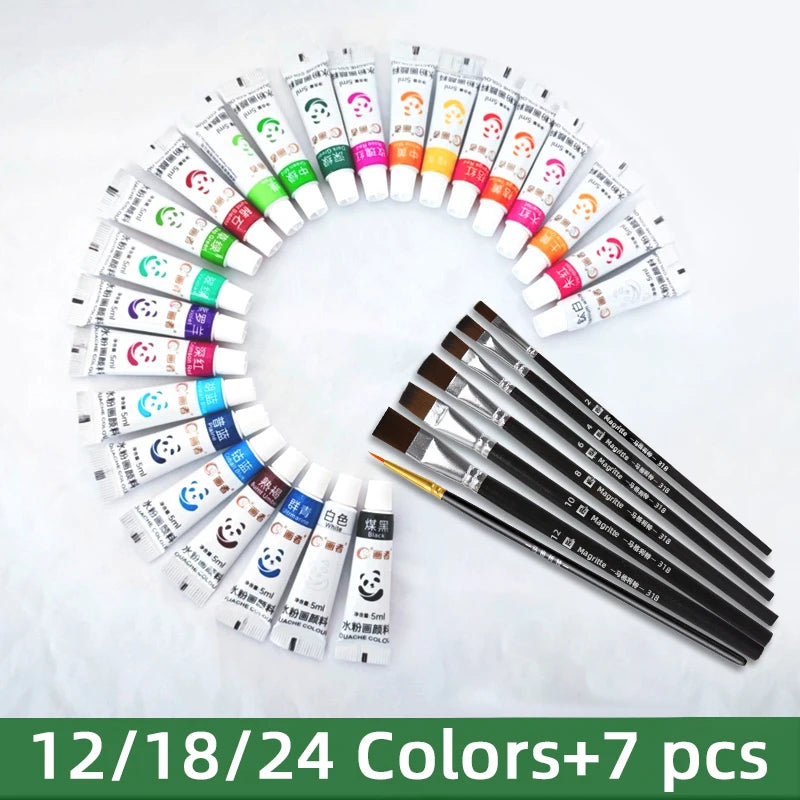 Gouache Paint Set, 12/18/24 Colors, 7 Paint Brushes, Suitable for Back to School, Art Supplies for Adults, 5ml/0.17oz Tubes - Sun Studio