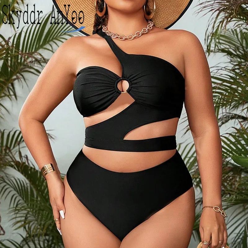 2024 Plus Size Swimwear One Shoulder Cut Out Black Sexy Women's Swimsuit Curvy Female Bikini Sets - Sun Studio