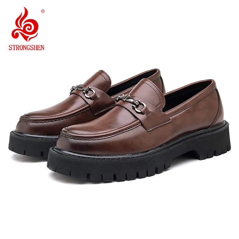 STRONGSHEN Men Leather Shoes Thick-soled British Style Formal Business Shoes Fashion Luxury Slip-On Round Toe Office Casual Shoe - Sun Studio