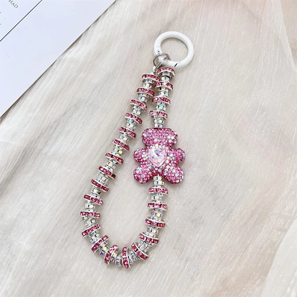 Rhinestone Bow phone wrist strap Luxury Crystal Bead Key Chains Charm Lanyard for Iphone cell phone strap glitter Jewelry Gift - Sun Studio