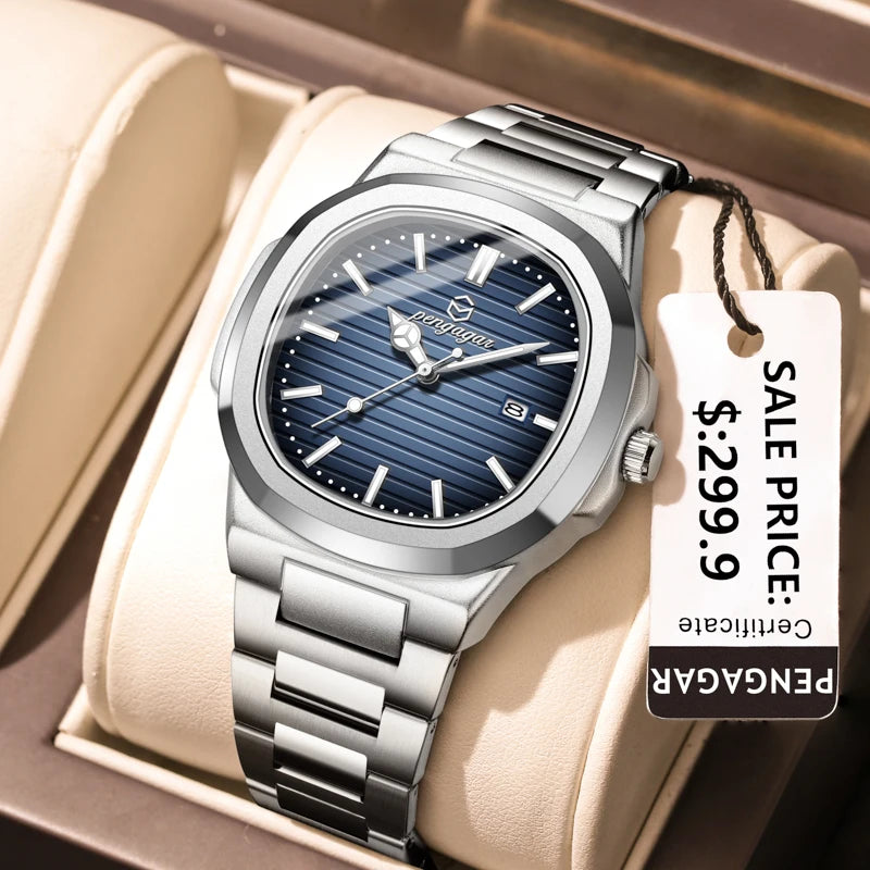 PENGAGAR Luxury Square Fashion Man Wristwatch Waterproof Luminous Date Week Quartz Men's Watches Stainless Steel Men Watch Reloj - Sun Studio