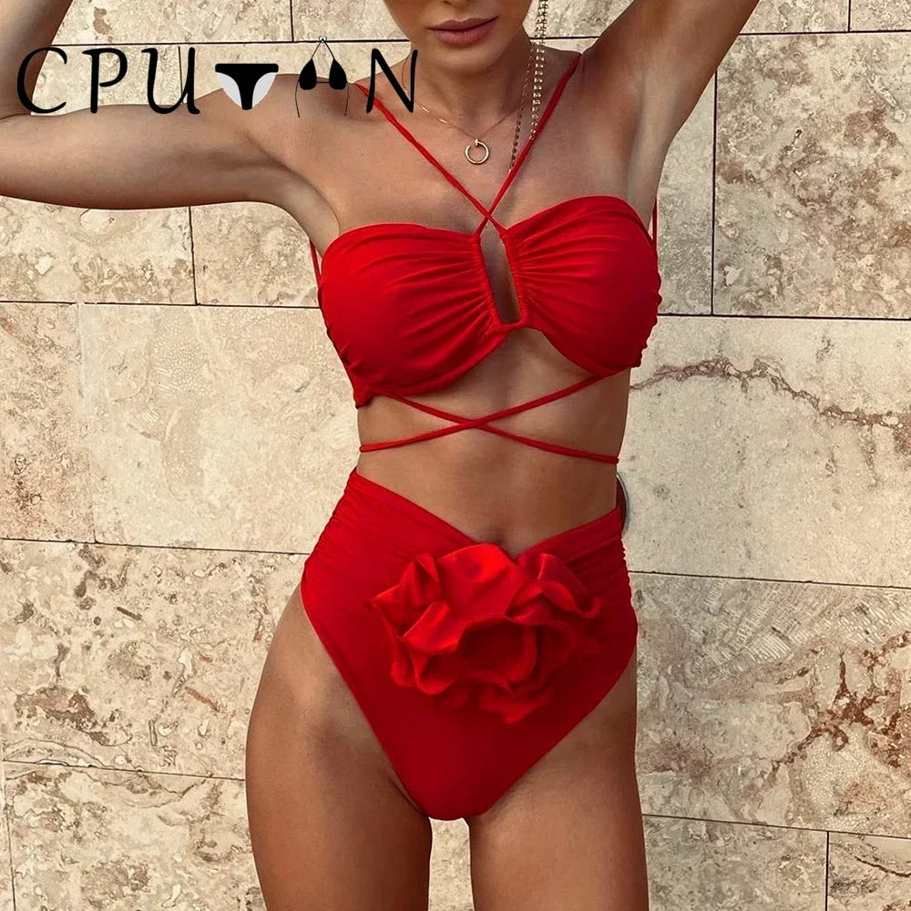 2026 New Sexy White 3D Flower Solid Two Piece Push Up Bikini Set Luxury Swimwear Women Swimsuit Beachwear Summer Bathing Suit