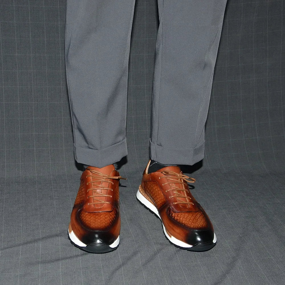 4 Colors Genuine Leather Man Luxury Sneakers Plaid Weave Pattern Lace-up Men Casual White Oxford Shoes Deals Spring Autumn 2024 - Sun Studio