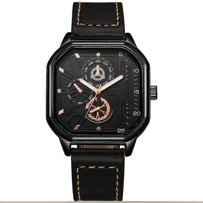 YIKAZE Alloy Men Quartz Watches Leather Strap Big Dial Student Square Sports Watch Cool Black Men's Watch Waterproof  Wristwatch - Sun Studio