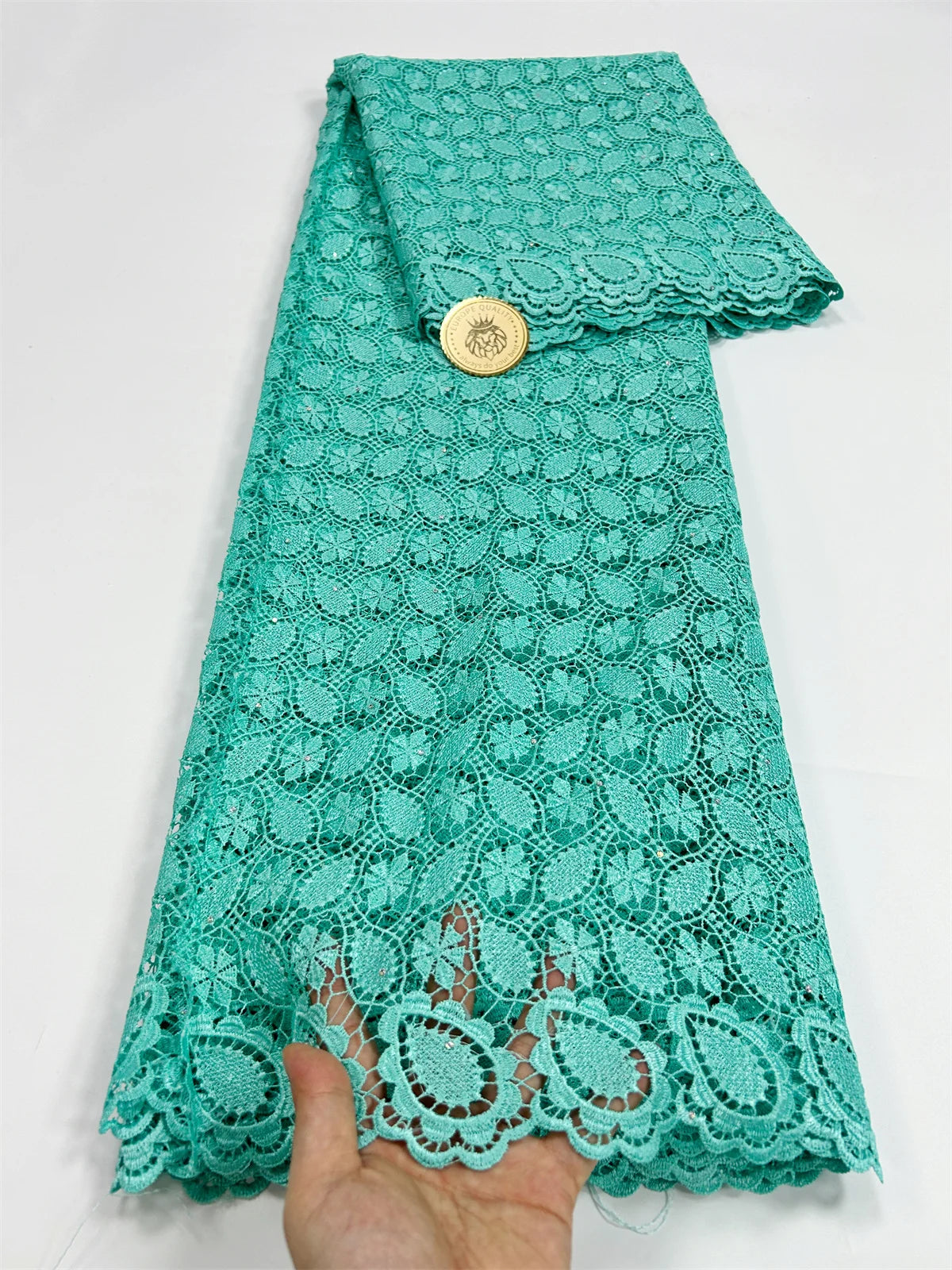 2024 Peach African Guipure Cord Lace Fabric with Stones Chemical Lace Fabric Water Soluble Lace For Women Evening Party Dresses - Sun Studio