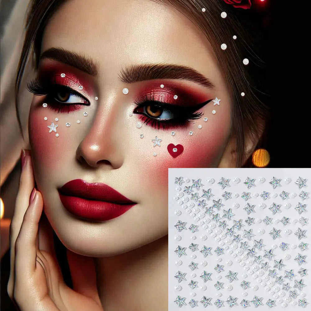 1Sheet 5D Mixed Shell Aurora Rhinestone Girl Face Stickers Hollow Star/Moon/Heart Self-Adhesive Cute Girl Make Up Diamond Decal - Sun Studio