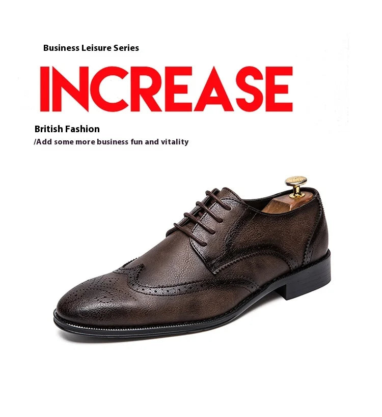 Lace-up casual leather shoes Men's wedding carved Brogues men's formal business pointed shoes Groom's leather shoes - Sun Studio