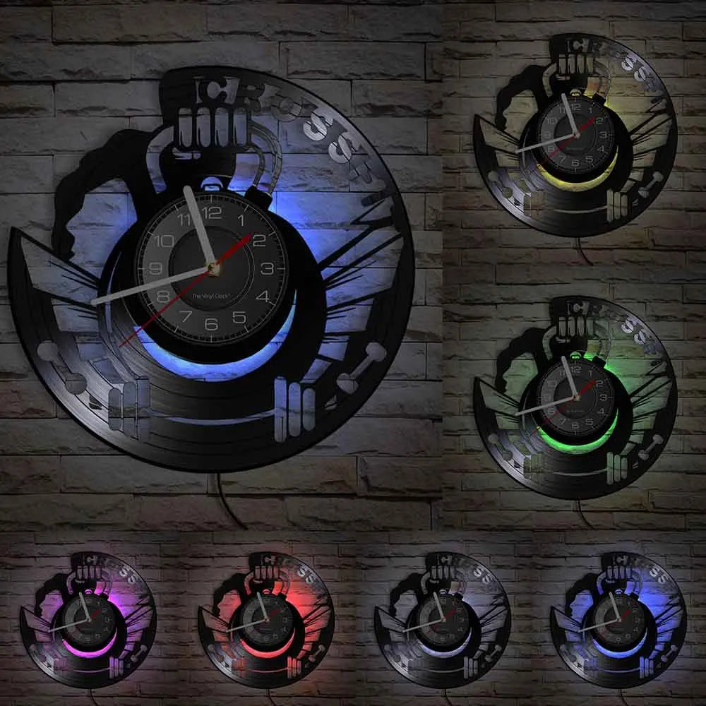 Fitness Equipment Theme Vinyl Record Fitness Wall Clock Home Decoration LED Backlight Modern Fitness Watch