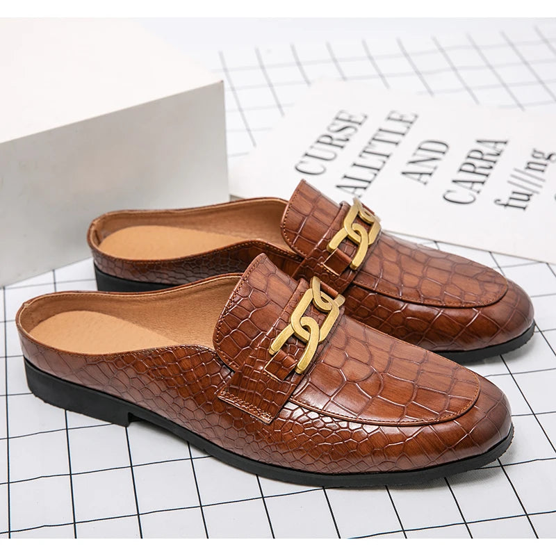 100% Genuine Leather Black Men’s Half Shoes For Men Shoes Mules Casual Designer Shoes Fashion Loafers Luxury Black Slippers 2022 - Sun Studio