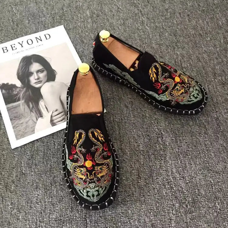 Old Beijing Cloth Shoes Embroidery Flower Social Guy Male Moccasin-Gommino Student Casual Shoes Fashion National Chinese Style - Sun Studio