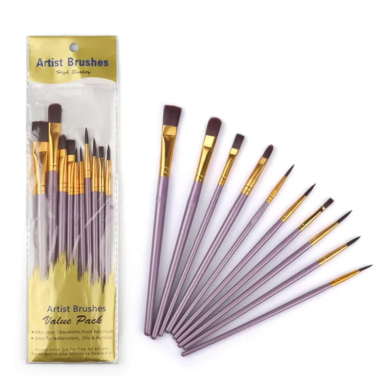 10-Piece Artist Paint Brush Set - Nylon Bristle Brushes for Watercolor/Acrylic/Oil Painting (Value Pack) - Sun Studio