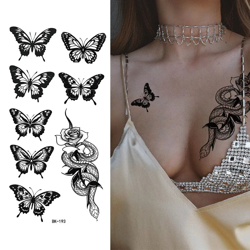 Black White Temporary Transfer Tattoos Floral Butterfly Lettering Line Art Waterproof Body Stickers for Music Festival Party